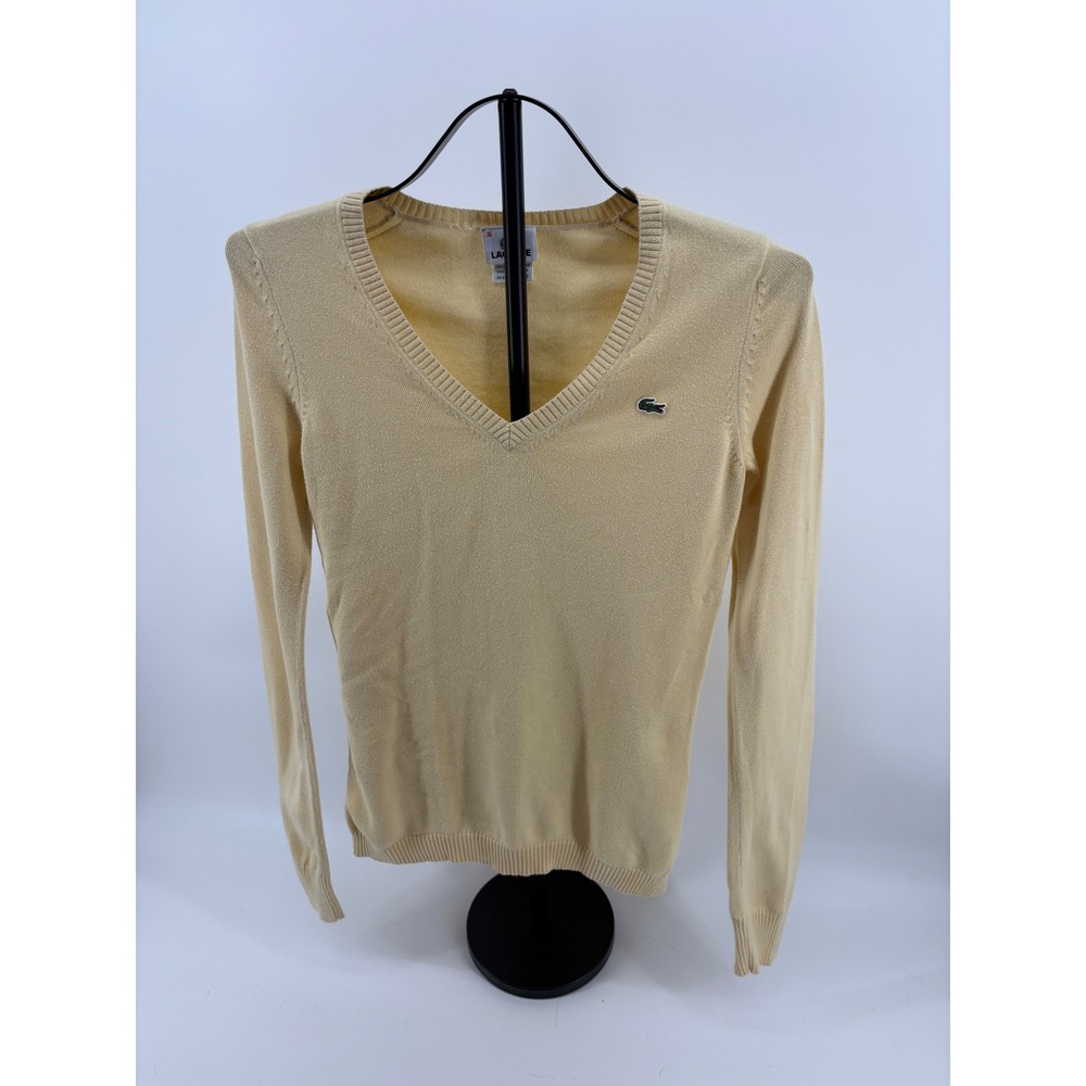 Vintage Lacoste Women's Pale Yellow V-Neck Sweater Y2K Logo Knit Size 36 Small‎